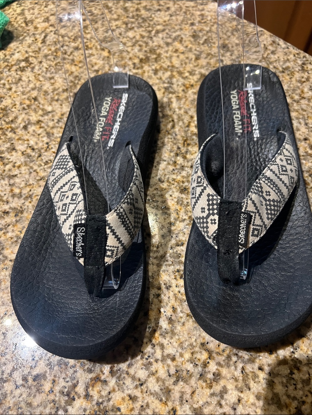 Skechers Black Sandals with Cream-Patterned Straps
